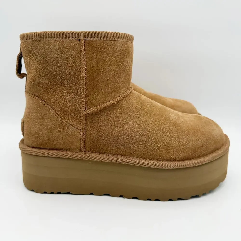 UGG Womens Classic Mini Platform Bootie US 9 EU 40 Chestnut Suede EUC